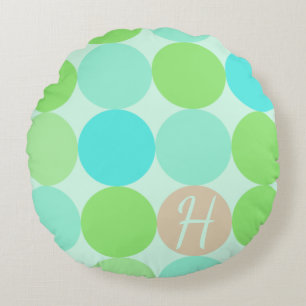Turquoise Blue Green & Orange Circles Monogram Round Cushion