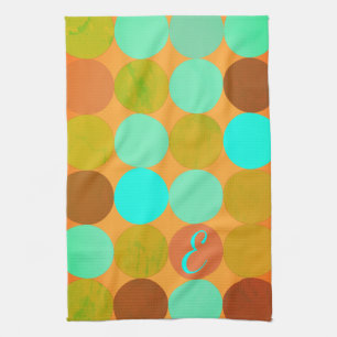 Turquoise Blue Green & Orange Circles Monogram Tea Towel