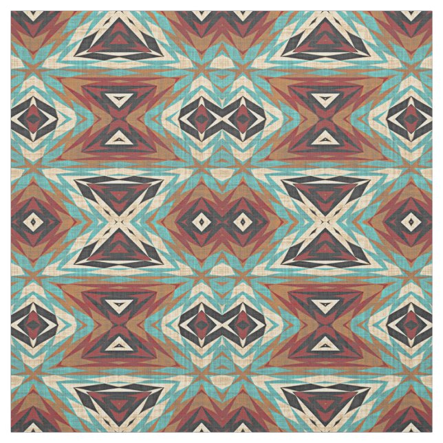 Turquoise Blue Green Orange Tribal Mosaic Pattern Fabric (Swatch)