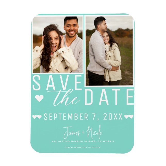 Turquoise Blue Green Save the Date 2 Photo Wedding Magnet (Vertical)