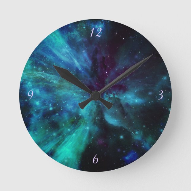 Turquoise Blue Green Space Nebula Round Clock (Front)