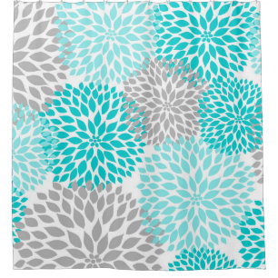 Turquoise Blue Grey Floral Dahlias blossoms Shower Curtain