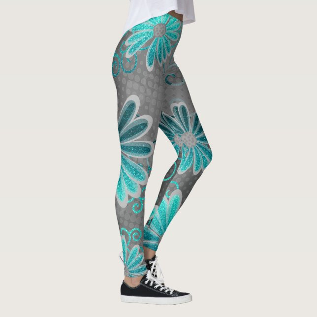 Turquoise Blue Grey Ombre Glitter Daisy Sparkles Leggings (Right)