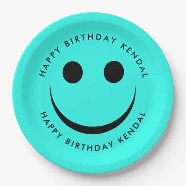 Turquoise Blue Happy Face Birthday Paper Plates (Front)