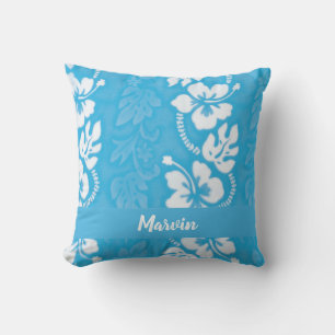 Turquoise Blue Hawaiian Hibiscus Flower Patterned Cushion