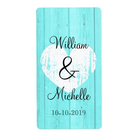 Turquoise blue heart wedding wine bottle labels