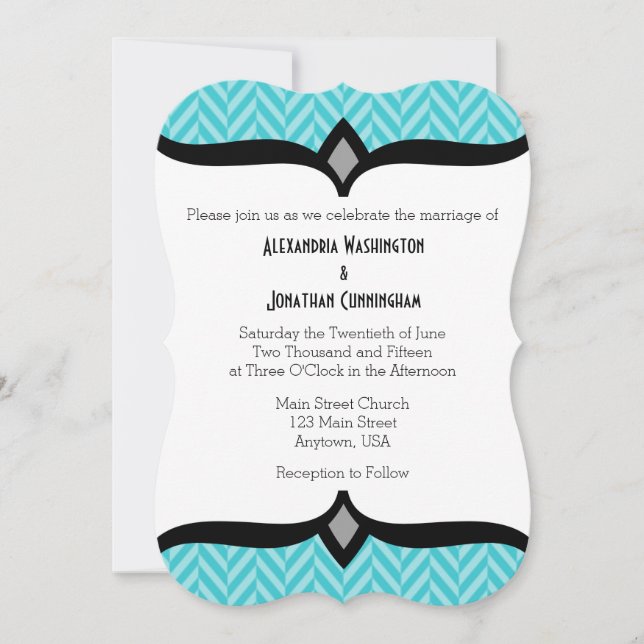 Turquoise Blue Herringbone Wedding Invitation (Front)