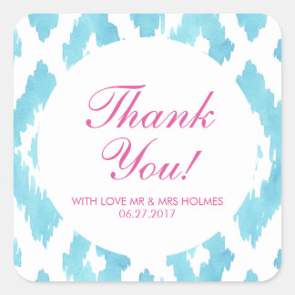 Turquoise Blue Ikat Thank You Square Sticker