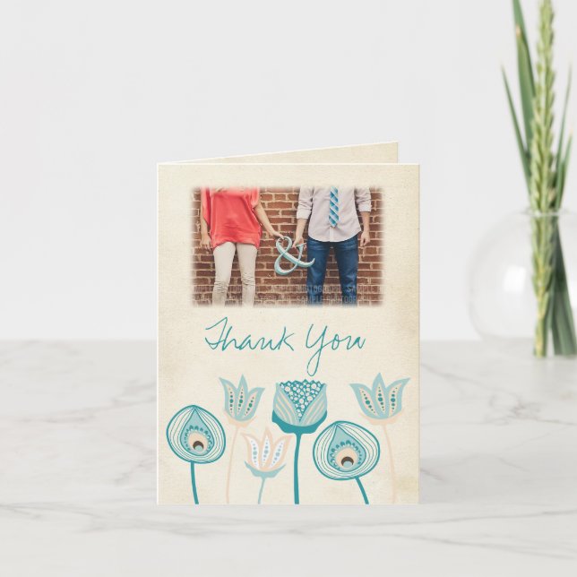 Turquoise Blue Ivory Photo Thank You Card (Front)