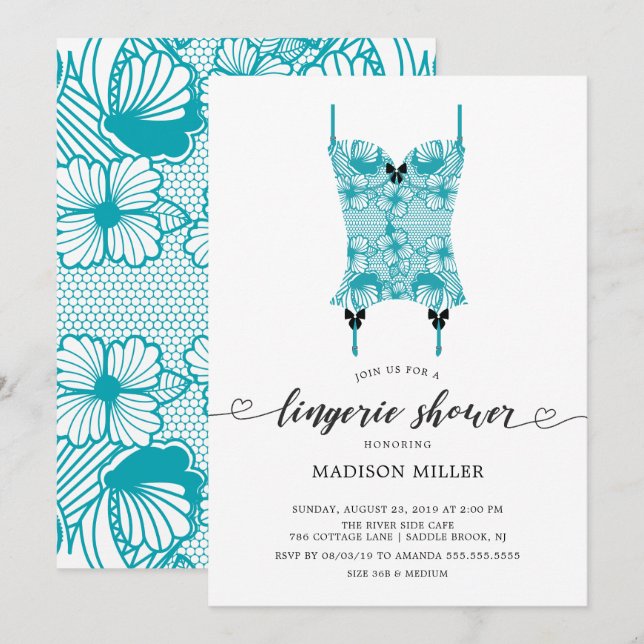 Turquoise Blue Lace Corset Bridal Lingerie Shower Invitation (Front/Back)