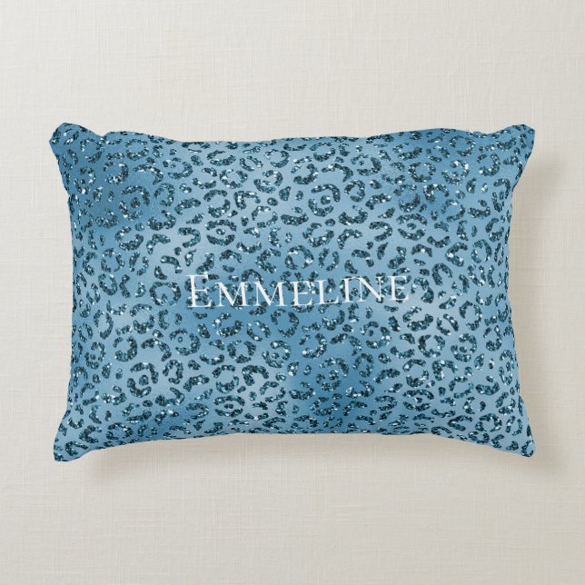 Turquoise Blue Leopard Print Glitter       Decorative Cushion (Front)