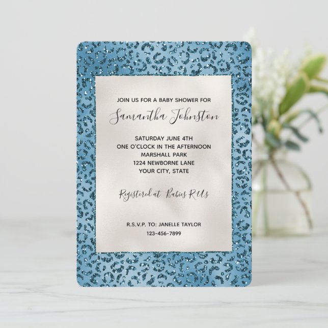 Turquoise Blue Leopard Print Glitter Invitation (Standing Front)
