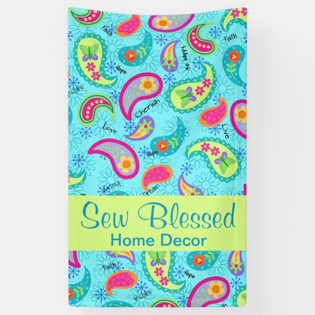 Turquoise Blue Lime Green Modern Paisley Pattern Banner (Vertical)