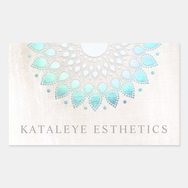 Turquoise Blue Lotus Mandala Brushed White Marble Rectangular Sticker (Front)