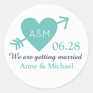 turquoise blue love heart with arrow wedding  classic round sticker