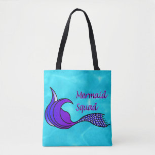 Turquoise blue Mermaid Squad in purple on tote bag