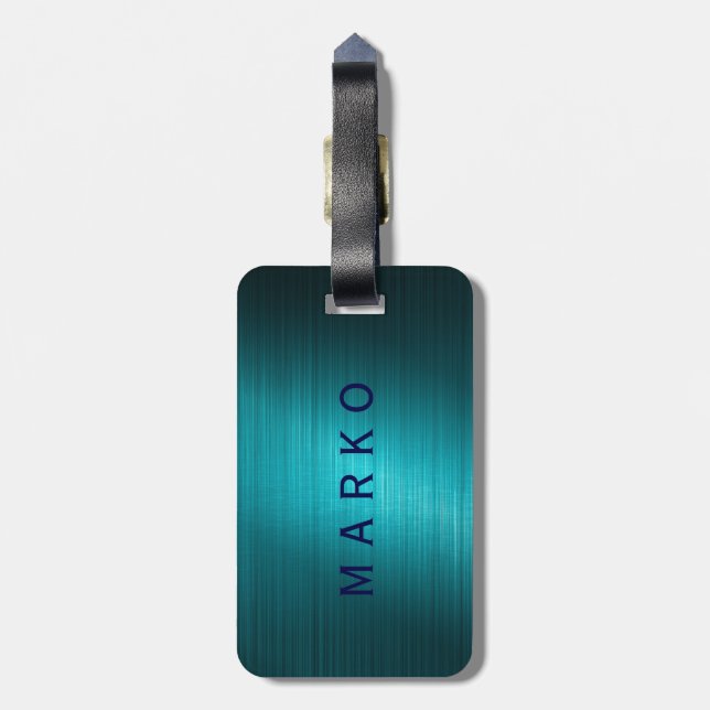 Turquoise-Blue Metal Look Pattern-Monogram Luggage Tag (Back Vertical)