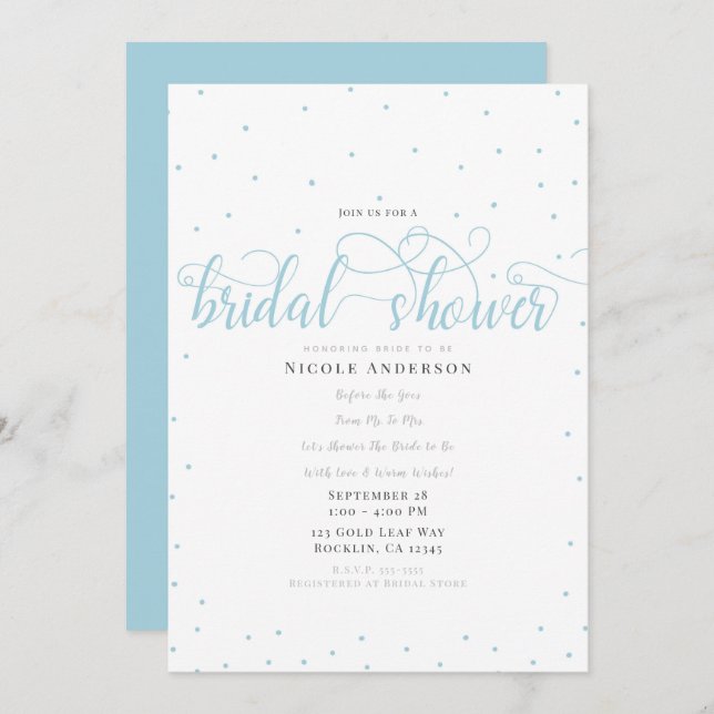 Turquoise Blue Modern Minimal Script Bridal Shower Invitation (Front/Back)
