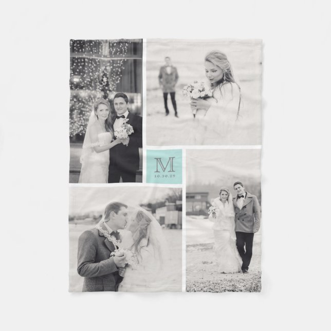 Turquoise Blue Monogram 4 Photo Collage Wedding Fleece Blanket (Front)