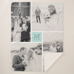 Turquoise Blue Monogram 4 Photo Collage Wedding Sherpa Blanket