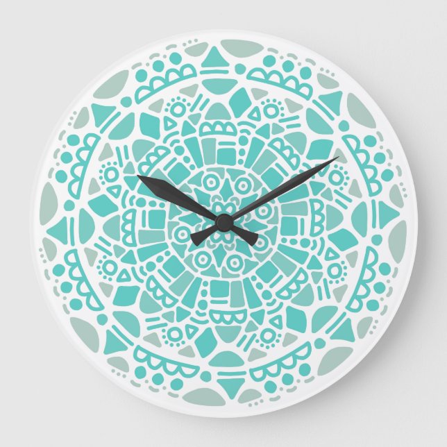 Turquoise Blue Mosaic Fresh White Boho Mandala Large Clock (Front)