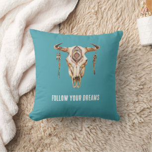Turquoise Blue Native Tribal Bull Horns Skull  Cushion