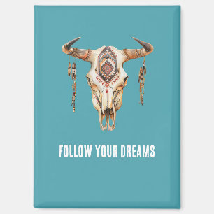 Turquoise Blue Native Tribal Bull Horns Skull Magnet