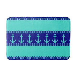 Turquoise Blue Nautical Anchor Coastal Stripes Bath Mat