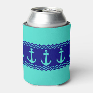 Turquoise Blue Nautical Anchor Coastal Stripes Can Cooler