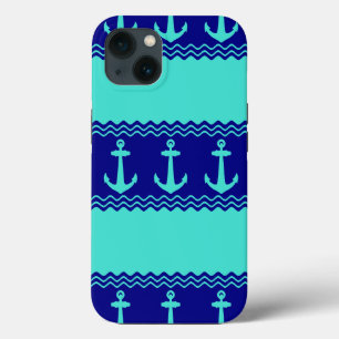 Turquoise Blue Nautical Anchor Coastal Stripes iPhone 13 Case