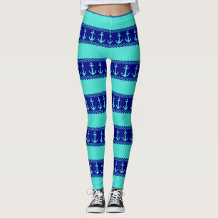 Turquoise Blue Nautical Anchor Coastal Stripes Leggings
