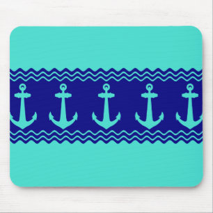 Turquoise Blue Nautical Anchor Coastal Stripes Mouse Pad