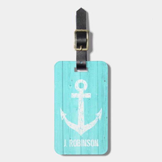 Turquoise blue nautical anchor travel luggage tag (Front Vertical)