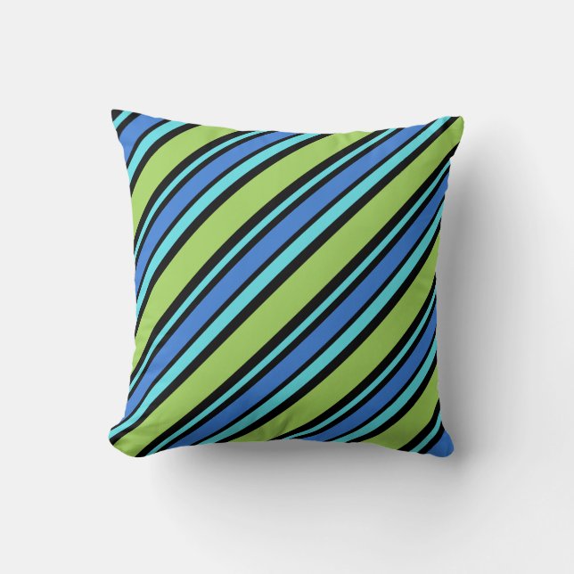 Turquoise, Blue, Neon Green Black Diagonal Stripes Cushion (Front)