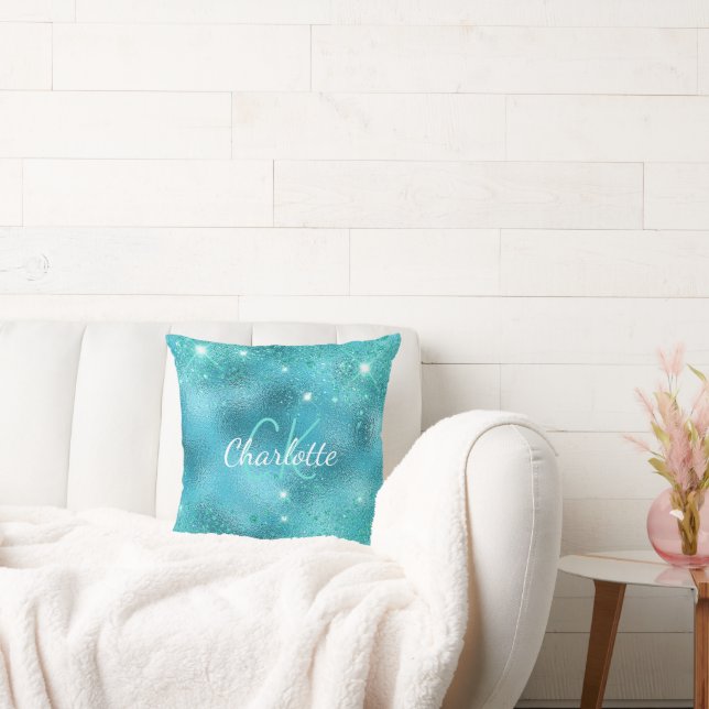 Turquoise blue ocean metallic glitter monogram cushion (Couch)