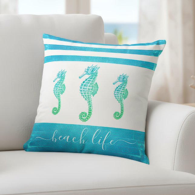 Turquoise blue ombre 3 seahorses beach life script cushion (Creator Uploaded)