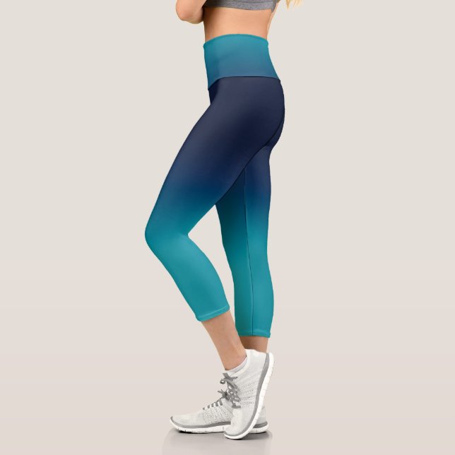 Turquoise Blue Ombre Elegant Gradient Capri Leggings (Left)