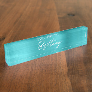 Turquoise Blue Ombre Foil Modern Brush Script Nameplate