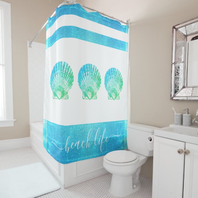 Turquoise blue ombre seashell beach life script shower curtain (In Situ)