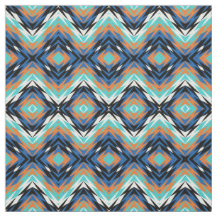 Turquoise Blue Orange Black Aztec Mosaic Pattern Fabric