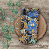 Turquoise Blue Orange Black Paisley Floral Art
