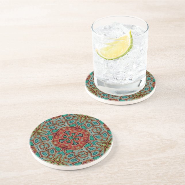 Turquoise Blue Orange Red Green Bohemian Bali Art Coaster (Side)