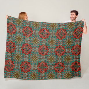 Turquoise Blue Orange Red Green Bohemian Bali Art Fleece Blanket