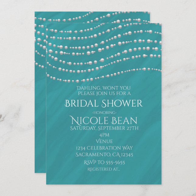 Turquoise Blue & Pearls Elegant Bridal Shower Invitation (Front/Back)