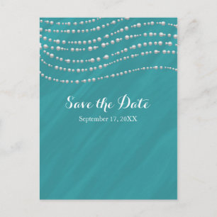 Turquoise Blue & Pearls Elegant Save The Date Announcement Postcard