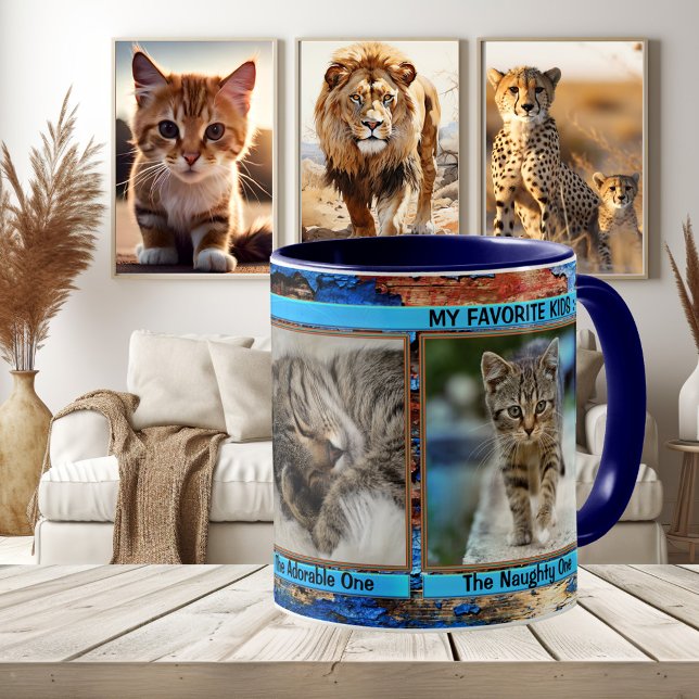 Turquoise Blue Personalised Funny Cats Photo Mug (Funny cat photo mug with a grunge artistic turquoise blue framing - kittens optional)