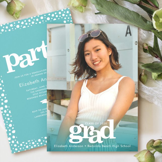 Turquoise blue photo bold modern simple grad party invitation (Creator Uploaded)
