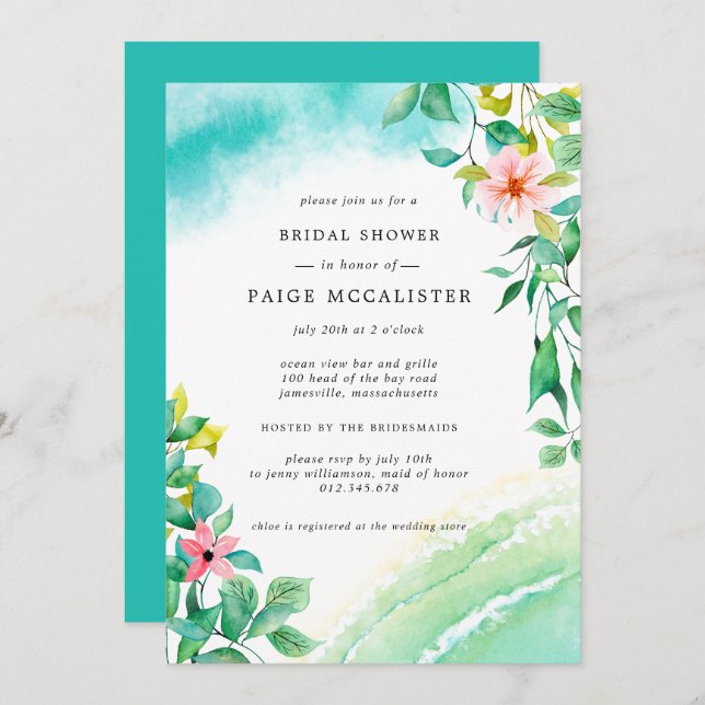 Turquoise Blue Pink Floral Botanical Bridal Shower Invitation (Front/Back)