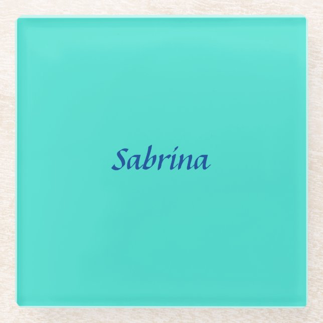 Turquoise Blue Professional Modern Elegant Name Glass Coaster (Front)
