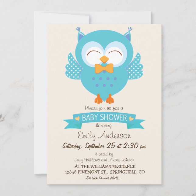 Turquoise Blue & Purple Boy Owl Baby Shower Invitation (Front)